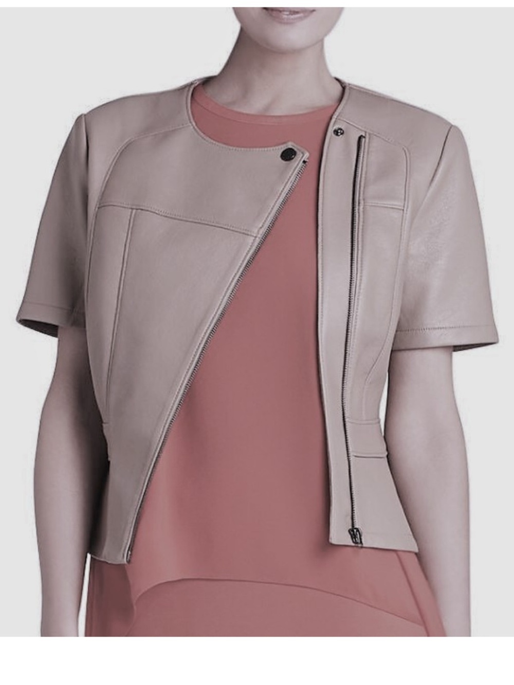 BCBGMaxAzria DAYNE Beige Short-Sleeve Asymmetric Leather Moto Jacket Size L